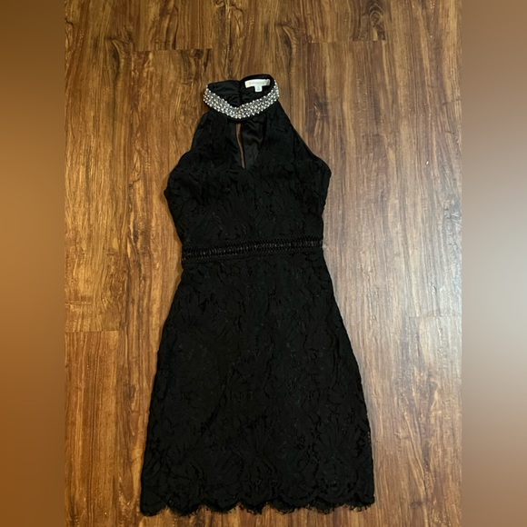 Francesca's XS Womens Black Lace Rhinestone Collar Halter Sheath Dress - Picture 2 of 4